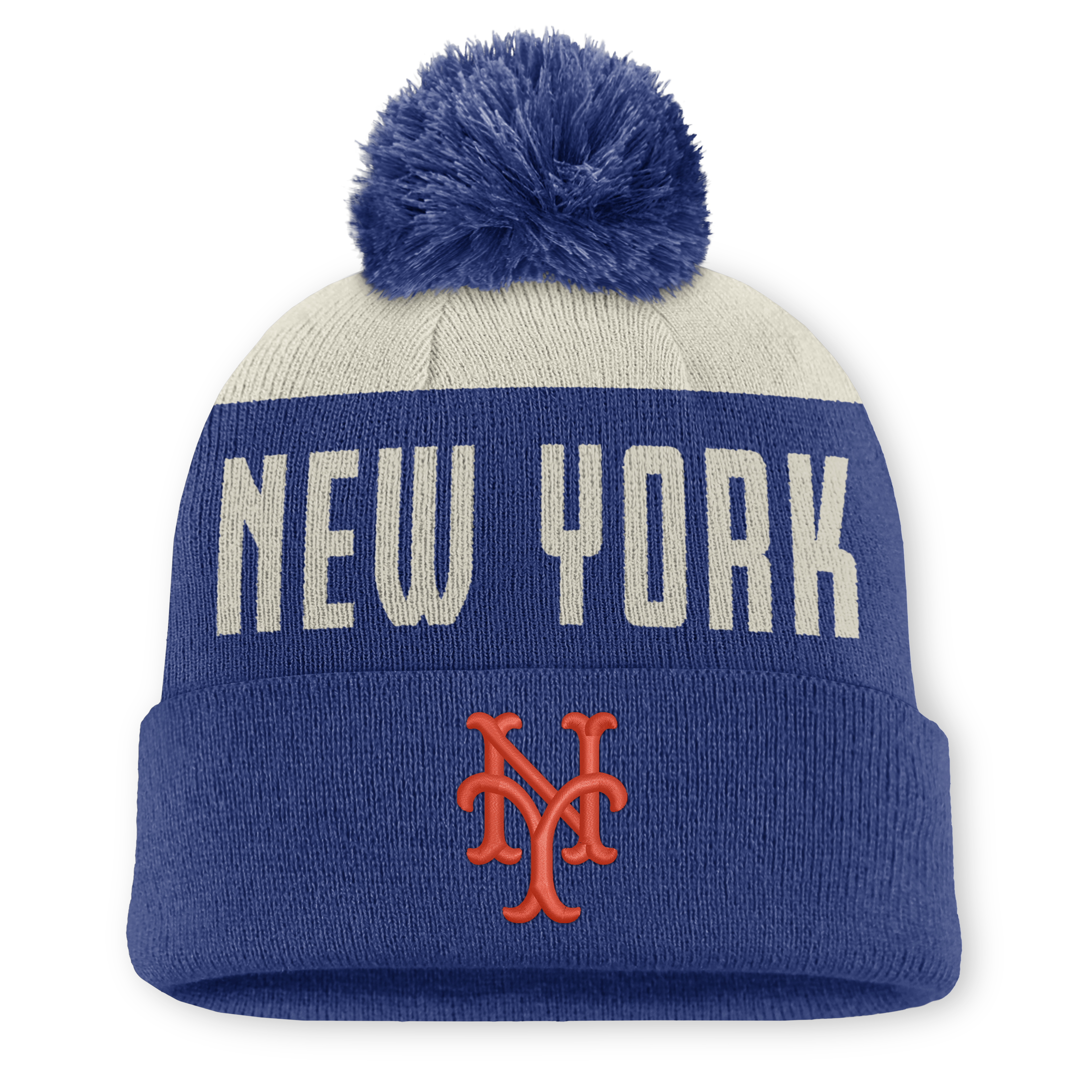 Men's Nike Natural/Royal New York Mets  Peak Standard Cuffed Knit Hat with Pom