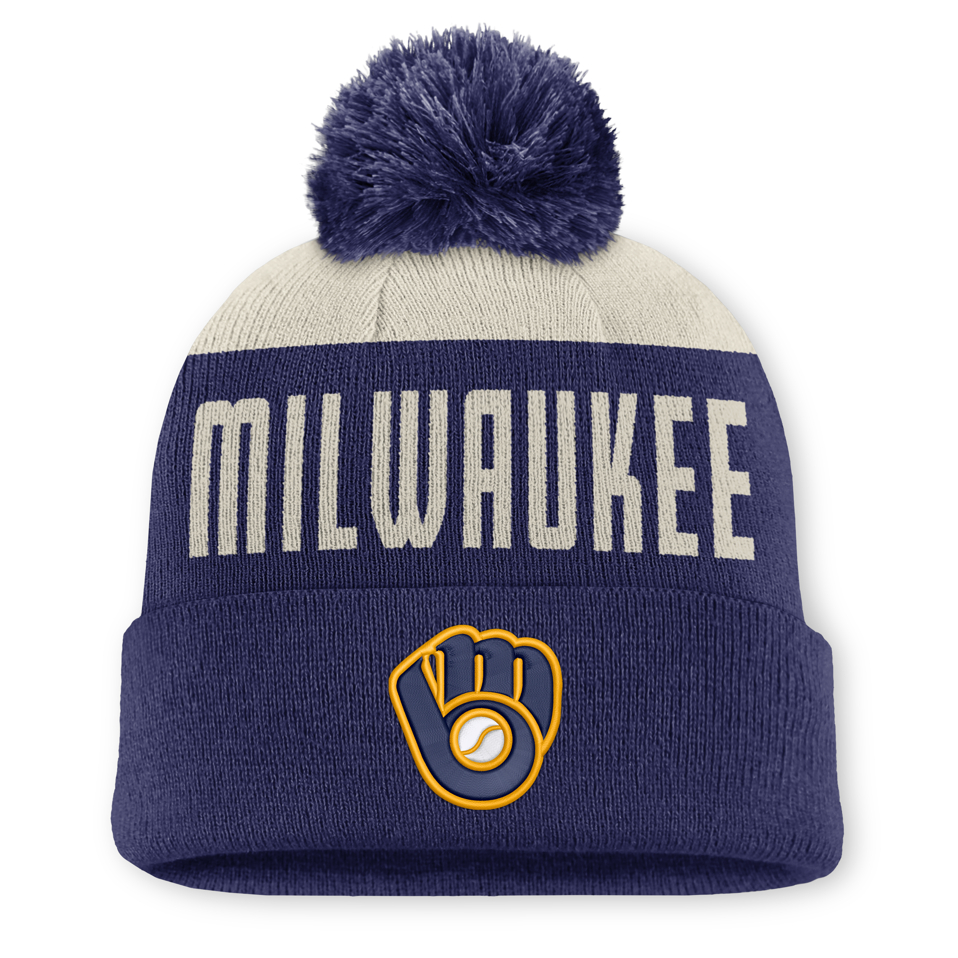 Men's Nike Natural/Navy Milwaukee Brewers Cooperstown Collection Peak Standard Cuffed Knit Hat with Pom