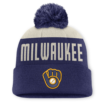 Men's Nike Natural/Navy Milwaukee Brewers Cooperstown Collection Peak Standard Cuffed Knit Hat with Pom