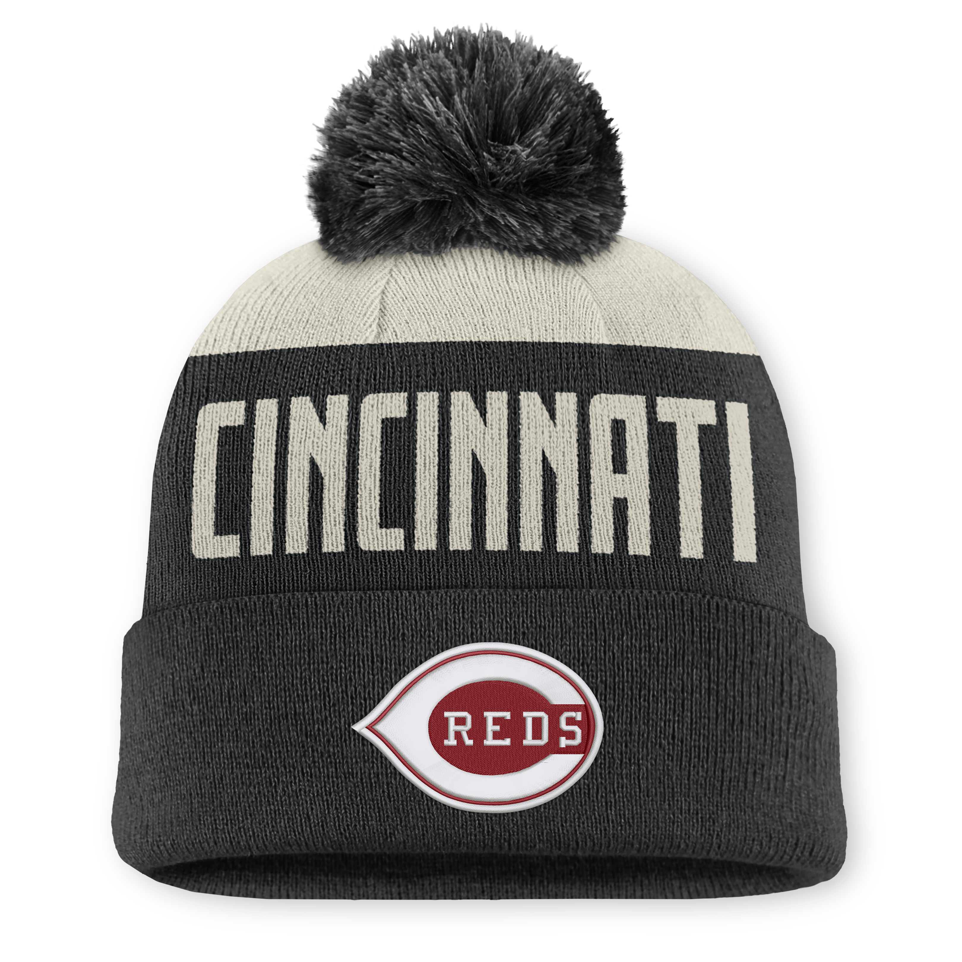Men's Nike Natural/Black Cincinnati Reds  Peak Standard Cuffed Knit Hat with Pom