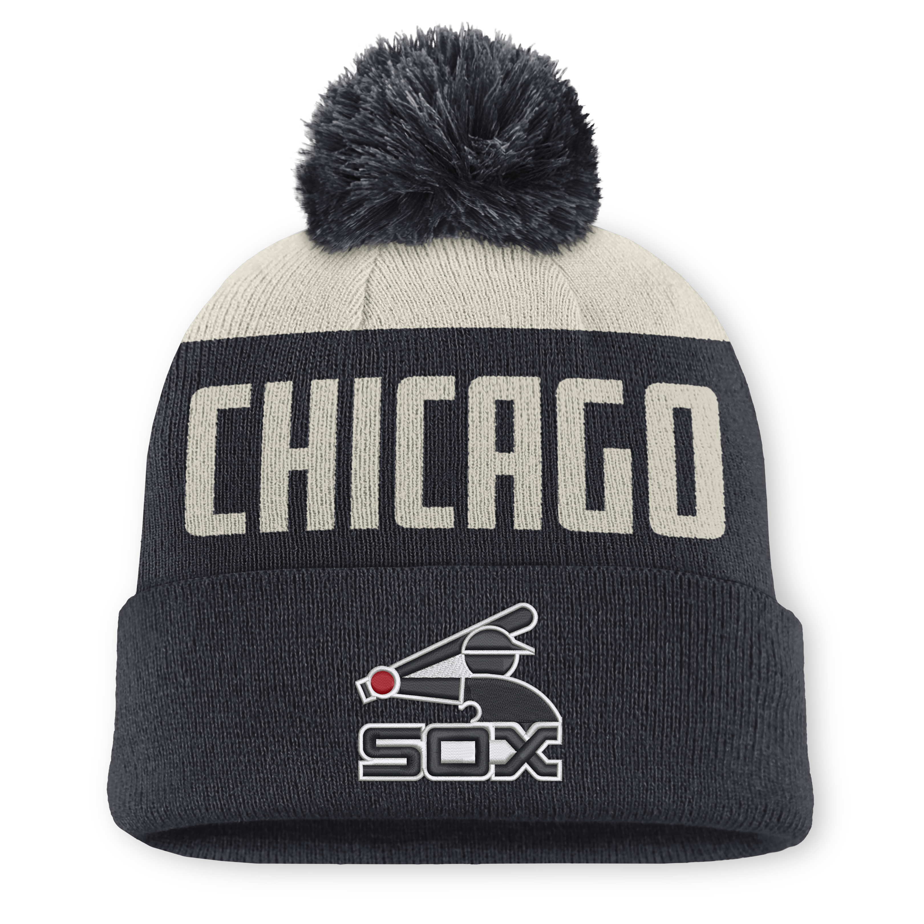 Men’s Nike Natural/Black Chicago White Sox Cooperstown Collection Peak Standard Cuffed Knit Hat with Pom Men’s Nike Natural/Black Chicago White Sox Cooperstown Collection Peak Standard Cuffed Knit Hat with Pom