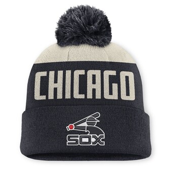 Men's Nike Natural/Black Chicago White Sox Cooperstown Collection Peak Standard Cuffed Knit Hat with Pom