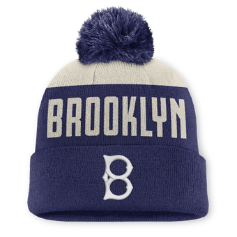 Men's Nike Natural/Navy Brooklyn Dodgers Cooperstown Collection Peak Standard Cuffed Knit Hat with Pom