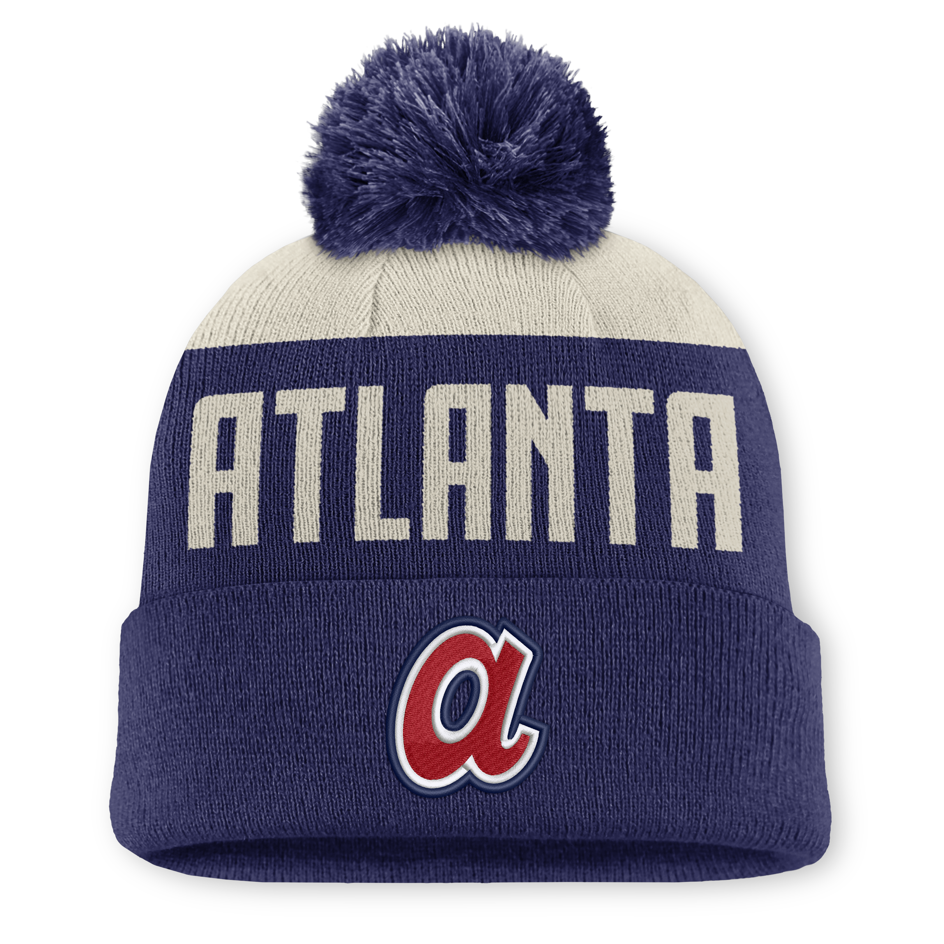 Men's Nike Natural/Navy Atlanta Braves Cooperstown Collection Peak Standard Cuffed Knit Hat with Pom