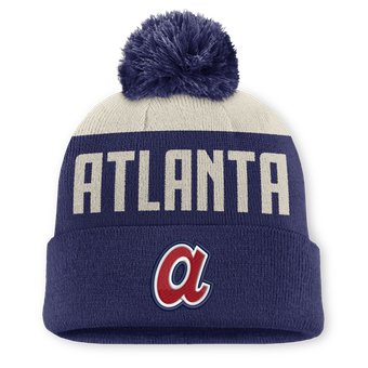 Men's Nike Natural/Navy Atlanta Braves Cooperstown Collection Peak Standard Cuffed Knit Hat with Pom