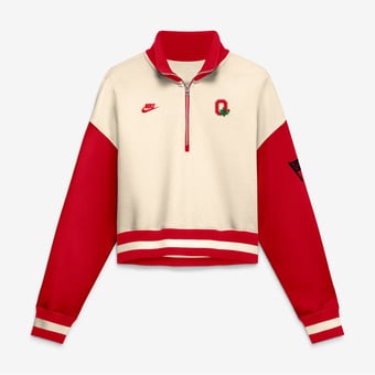 Women's Nike Natural/Scarlet Ohio State Buckeyes Oversized Legacy Color Block Cropped Quarter-Zip Pullover