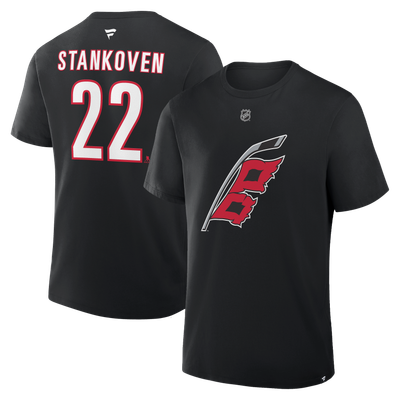 Men's Fanatics Logan Stankoven Black Carolina Hurricanes Authentic Stack Name & Number T-Shirt