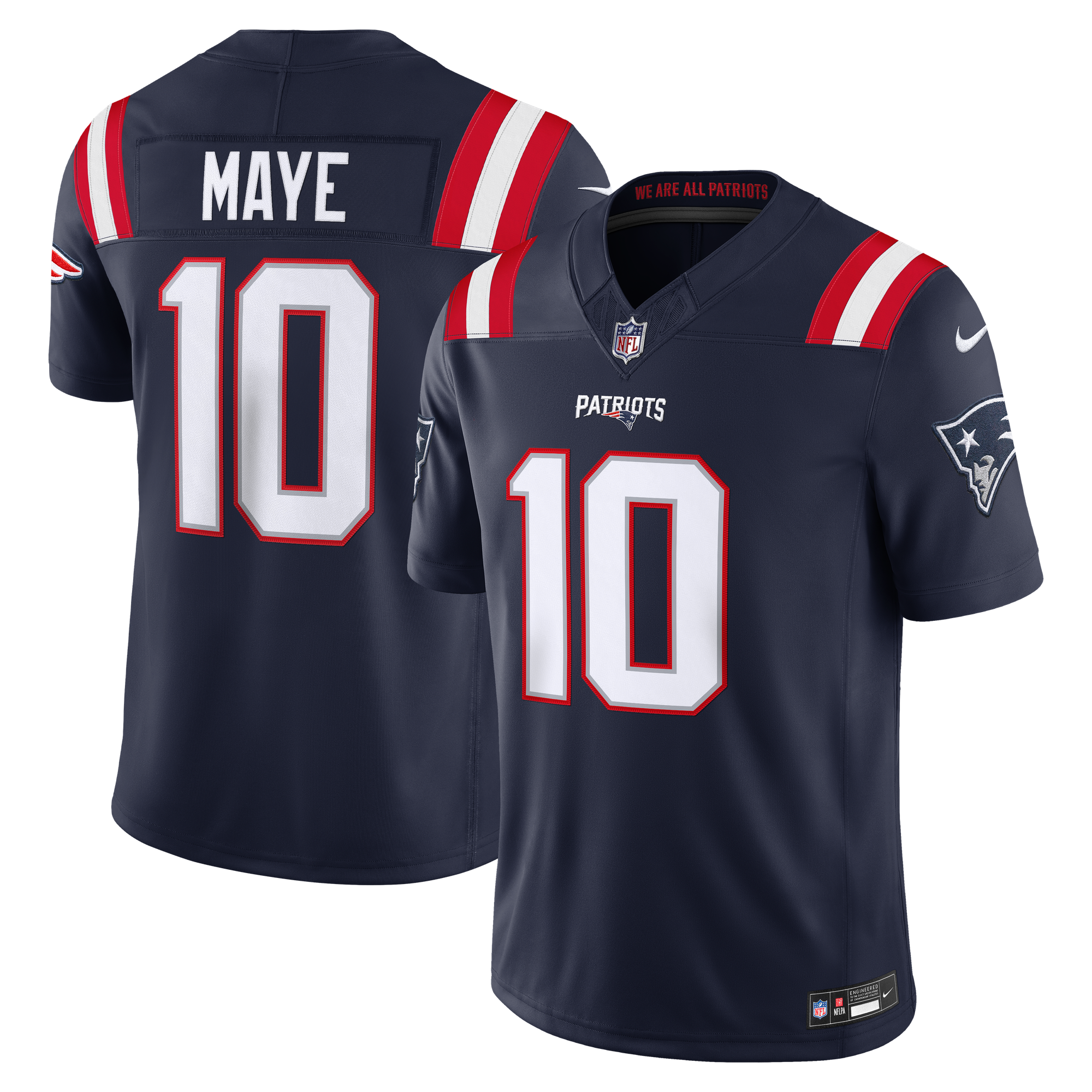 Camiseta Nike Drake Maye Navy New England Patriots Team Vapor F.U.S.E. de edición limitada con costuras para hombre.