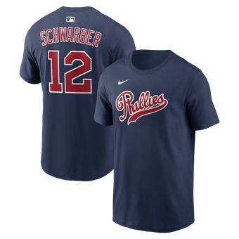 Men's Nike Kyle Schwarber Navy Philadelphia Phillies 2026 Field of Dreams Name & Number T-Shirt
