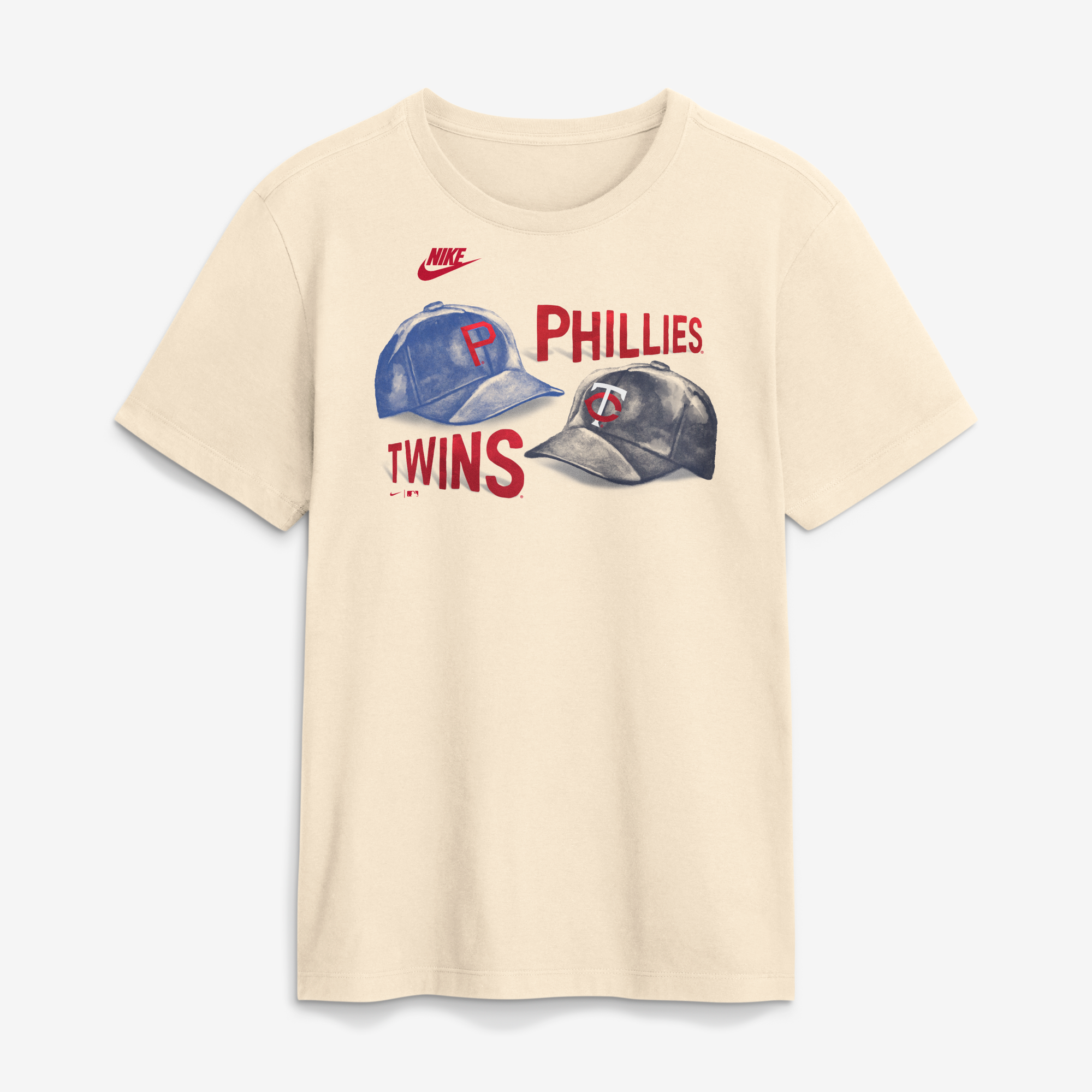 Maglietta da uomo Nike color crema con la scritta "Philadelphia Phillies vs. Minnesota Twins 2026 Field of Dreams Matchup".