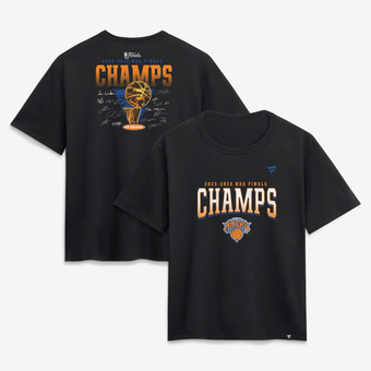 Women's Fanatics Black New York Knicks 2026 NBA Finals Champions Roster Trophy T-Shirt