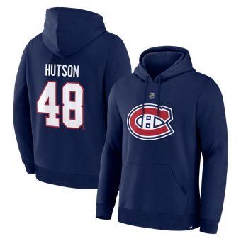 Men's Fanatics Lane Hutson Navy Montreal Canadiens Authentic Stack Name & Number Hoodie