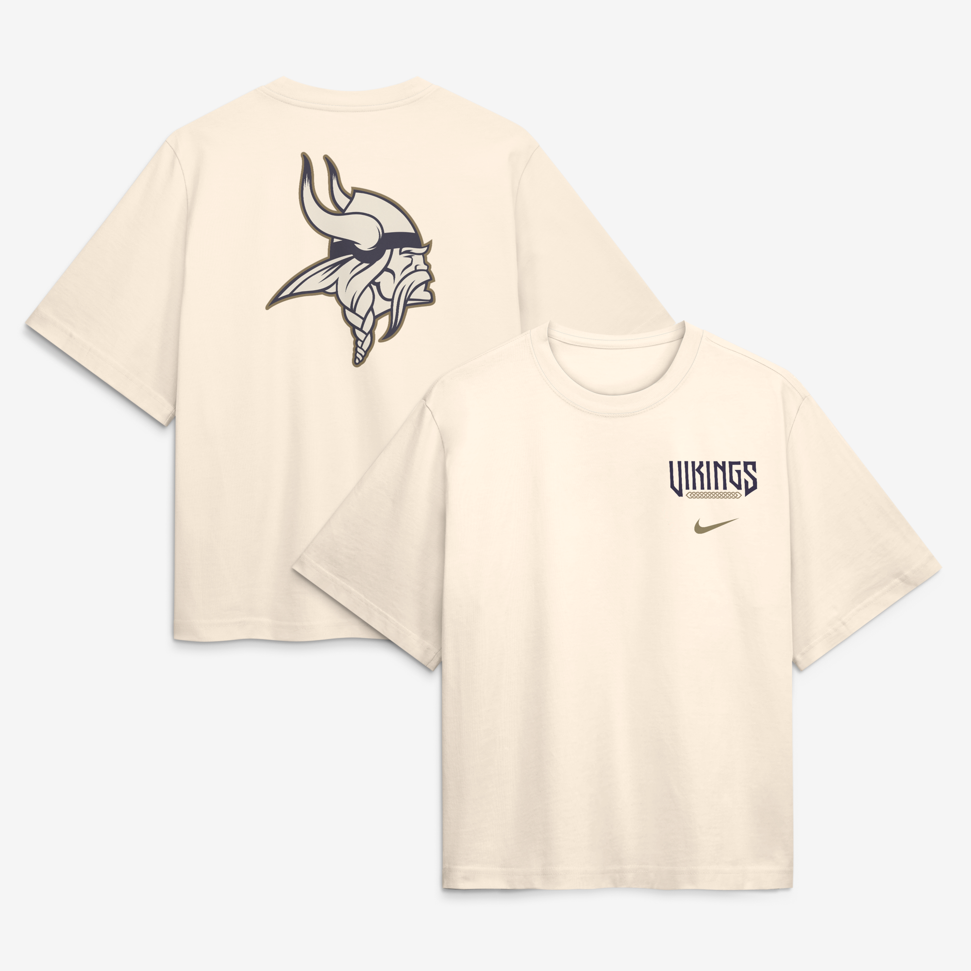 Camiseta holgada Nike color crema de la colección Rivalries 2026 para mujer de los Minnesota Vikings.