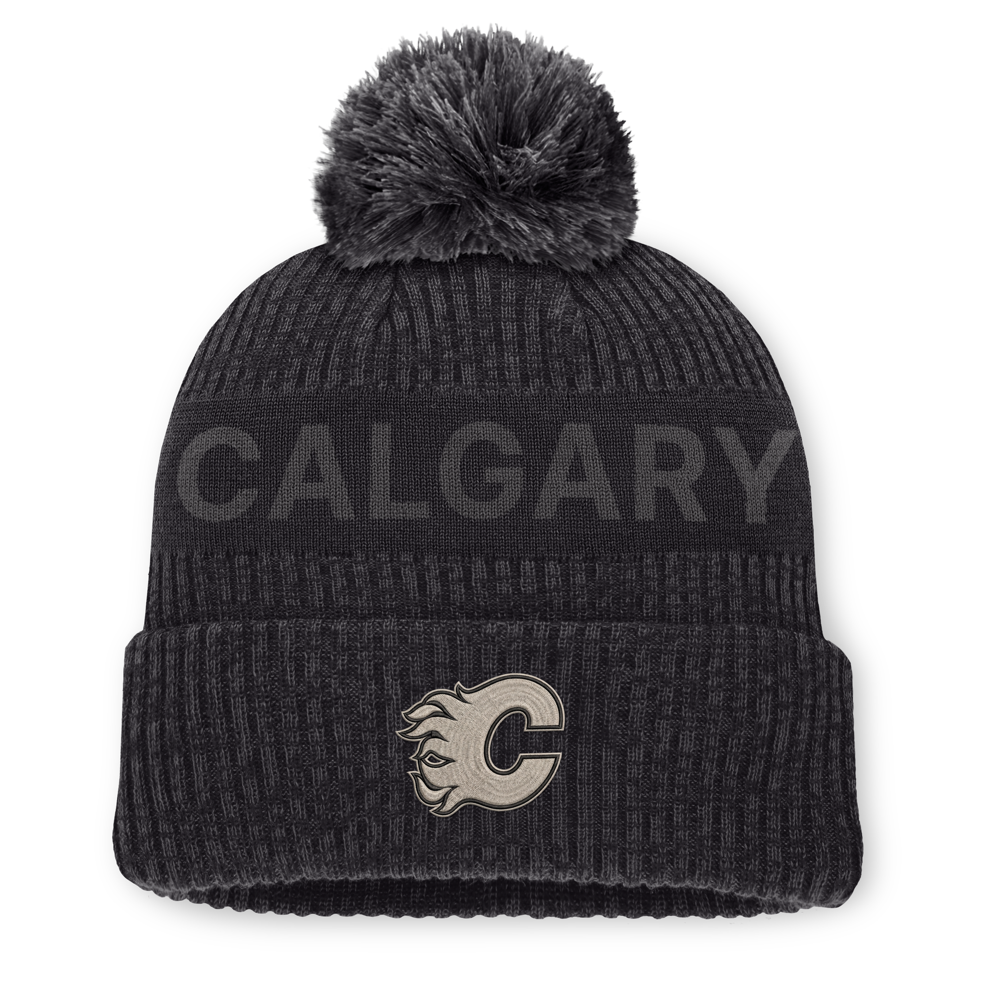 Men's Fanatics Charcoal Calgary Flames Road Phantom Cuffed Knit Hat with Pom