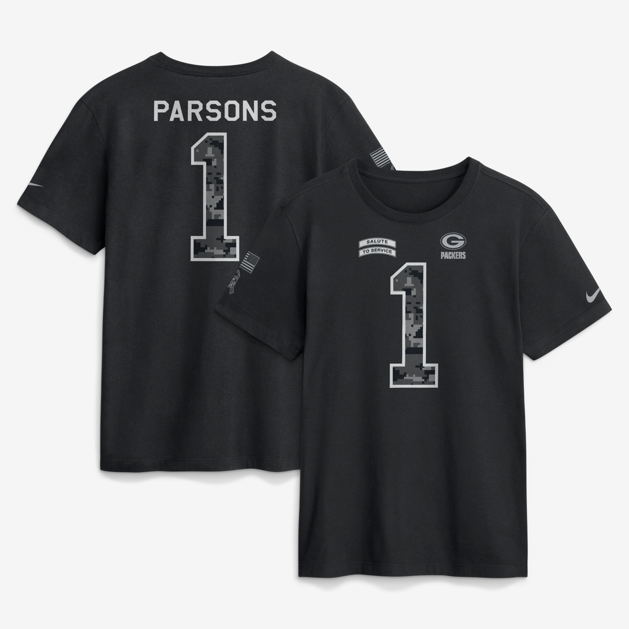 Camiseta Nike para hombre Micah Parsons negra Green Bay Packers 2026 Salute to Service con nombre y número