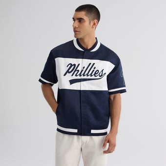 Men's Fanatics Athletic Navy Philadelphia Phillies Iconic Full-Snap Short Sleeve Satin Warm-Up