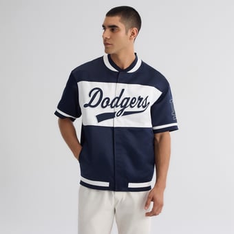Men's Fanatics Athletic Navy Los Angeles Dodgers Iconic Full-Snap Short Sleeve Satin Warm-Up