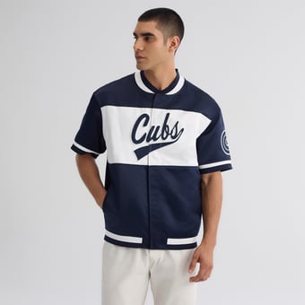 Men's Fanatics Athletic Navy Chicago Cubs Iconic Full-Snap Short Sleeve Satin Warm-Up