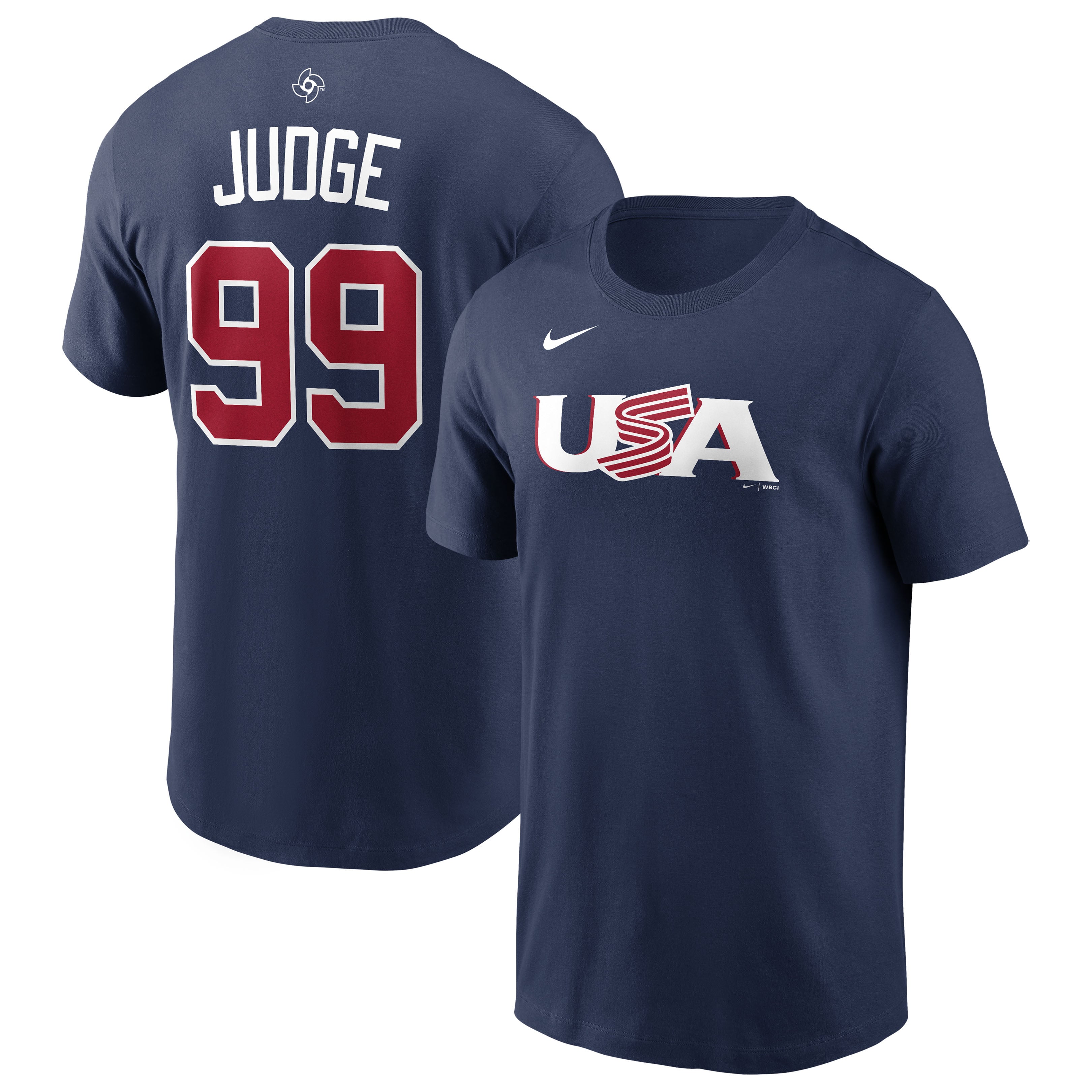 Men's Nike Aaron Judge Navy USA Baseball 2026 World Baseball Classic Name & Number T-Shirt
