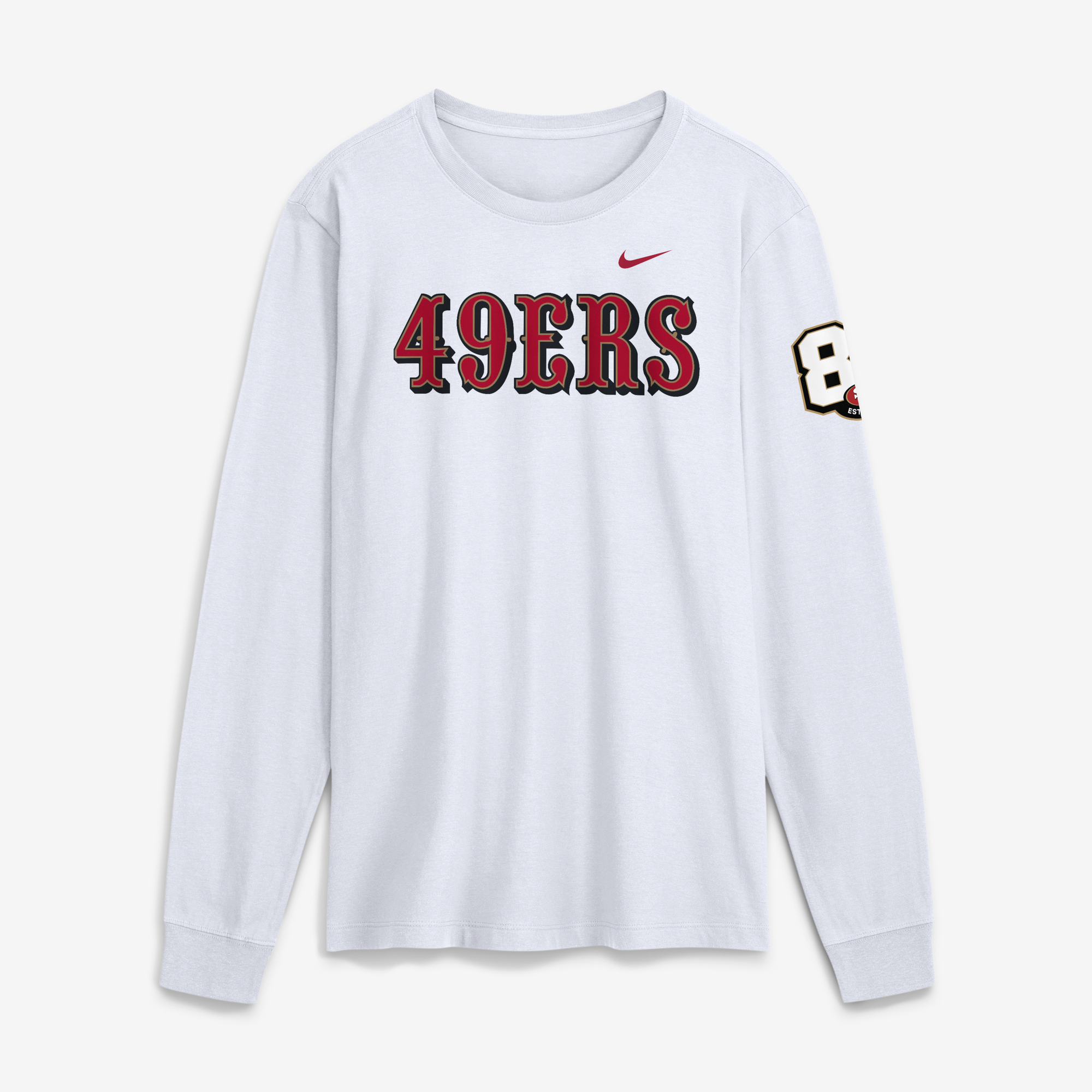 T-shirt à manches longues Nike blanc pour homme, édition spéciale 80e anniversaire des 49ers de San Francisco, avec logo sur la ligne de but.