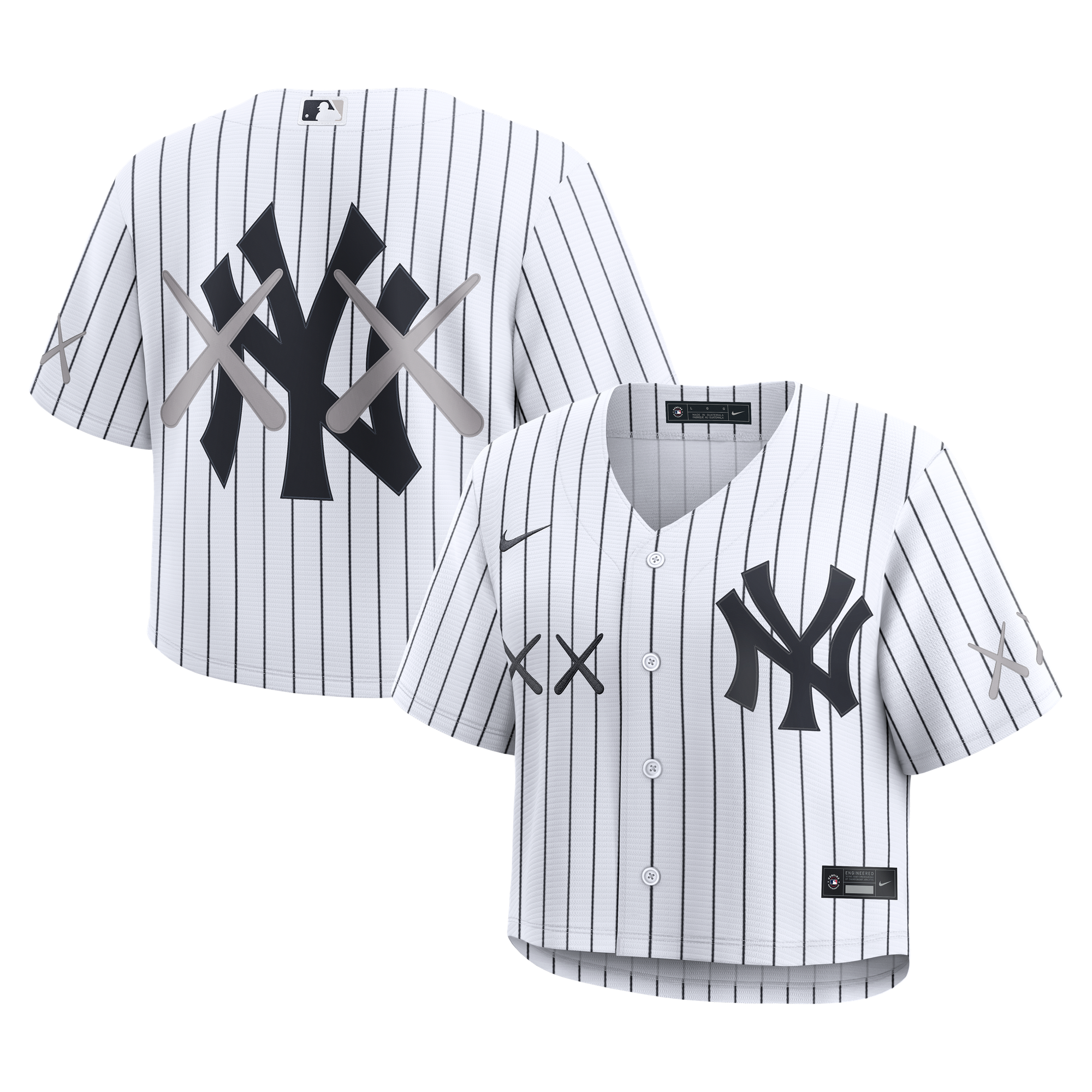 Maglia replica corta da donna Nike x KAWS dei New York Yankees, colore bianco.