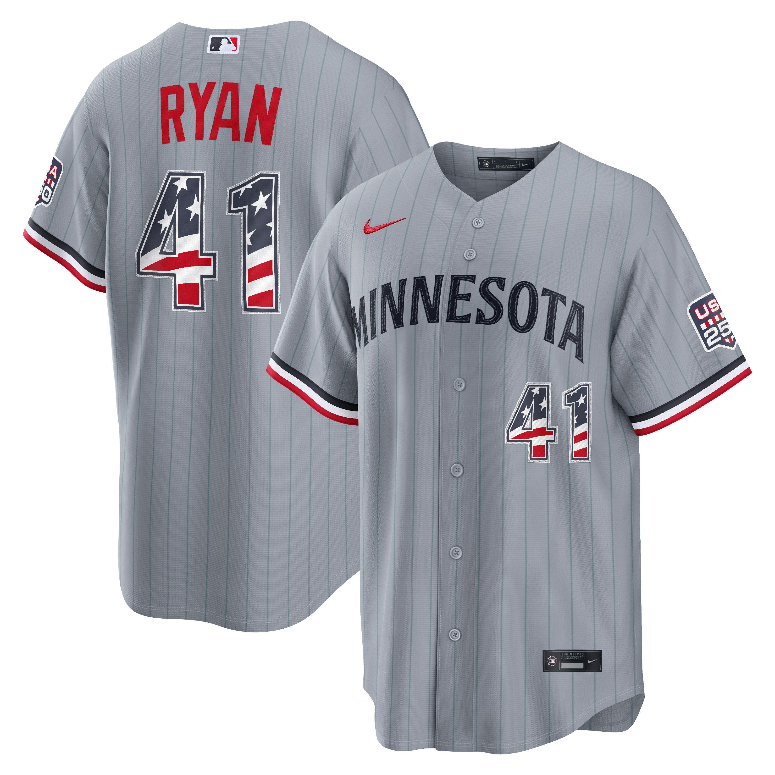 Men's Nike Joe Ryan Gray Minnesota Twins USA 250 Fourth of July Road Stadium Jersey