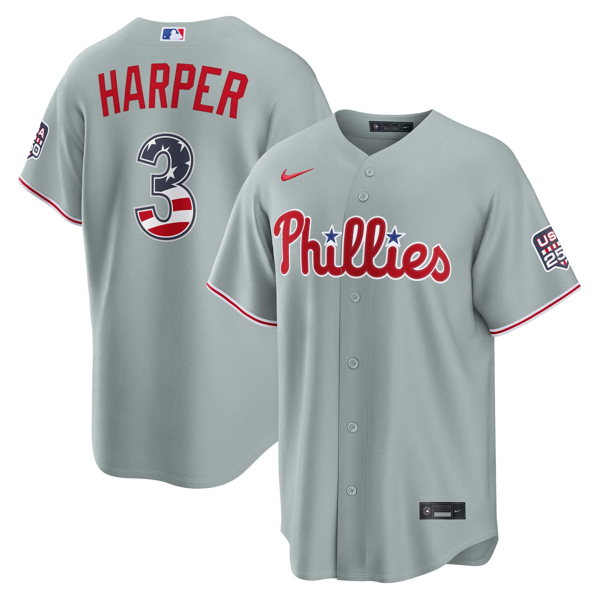 Men's Nike Bryce Harper Gray Philadelphia Phillies USA 250 Fourth of July Road Stadium Jersey