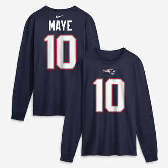 Men's Nike Drake Maye Navy New England Patriots Name & Number Long Sleeve T-Shirt