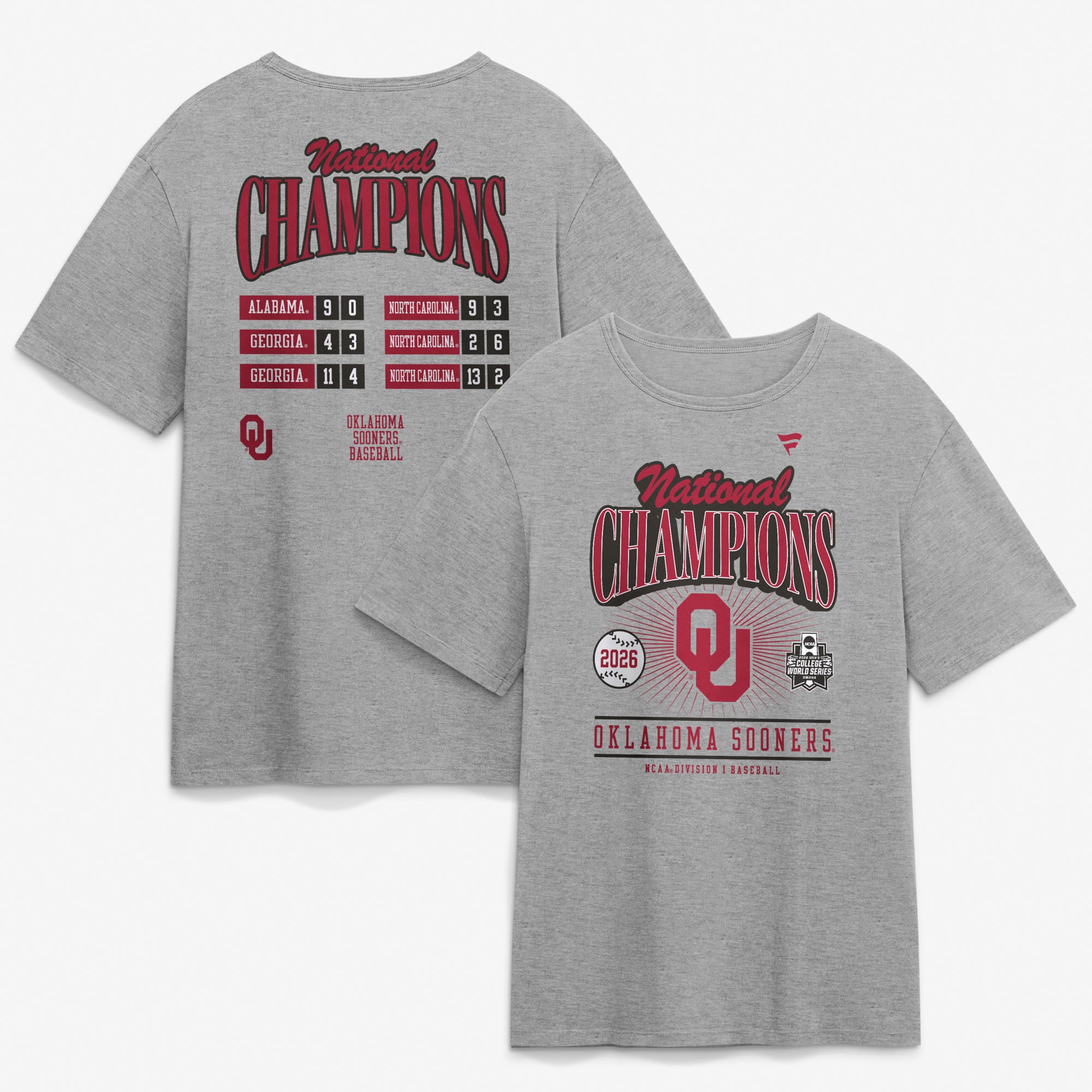 Men's Fanatics Gray Oklahoma Sooners 2026 NCAA Baseball Men's College World Series Champions Schedule T-Shirt
