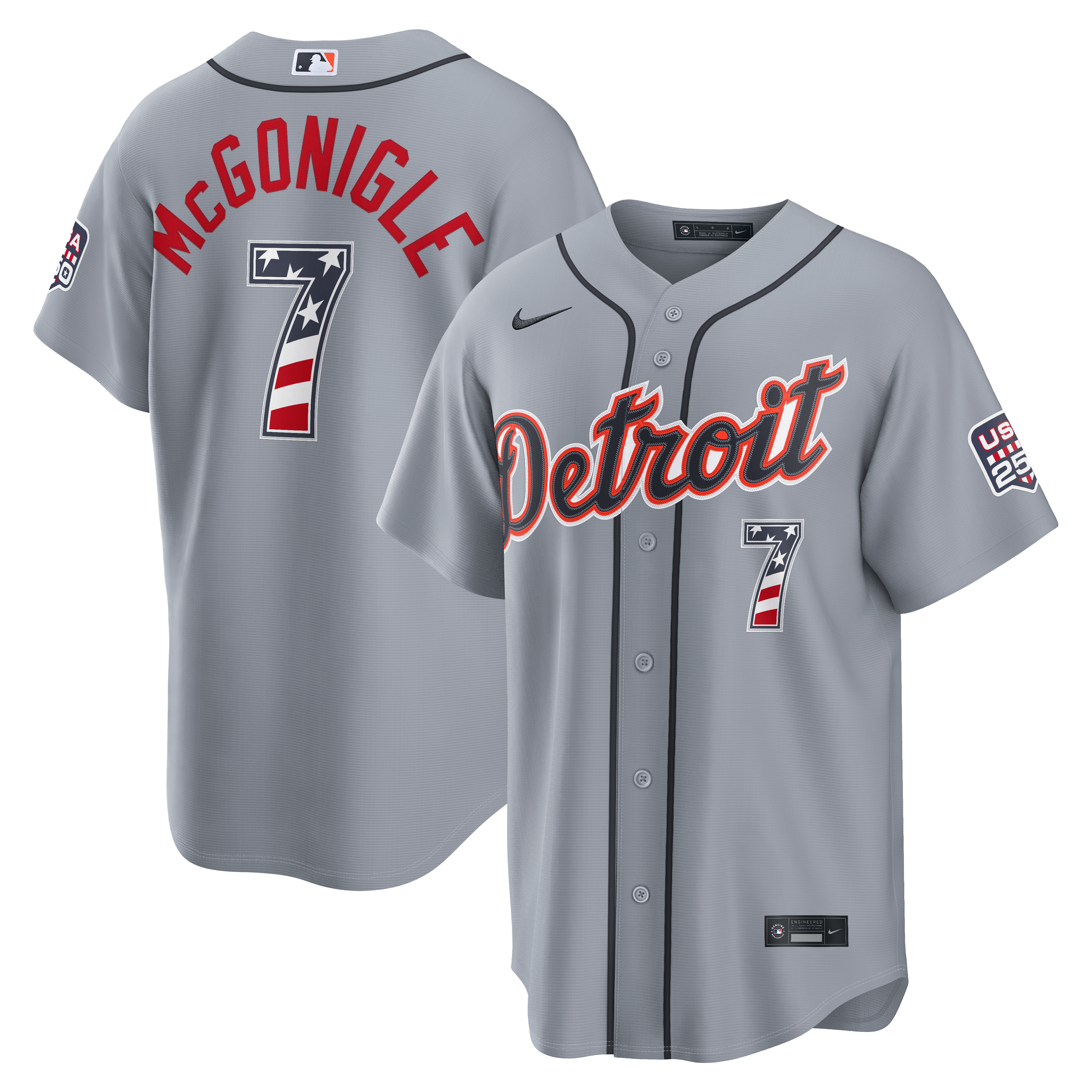 Men's Nike Kevin McGonigle Gray Detroit Tigers USA 250 Fourth of July Road Stadium Jersey