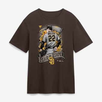 Men's Fanatics Mason Miller Brown San Diego Padres Fear the Reaper T-Shirt
