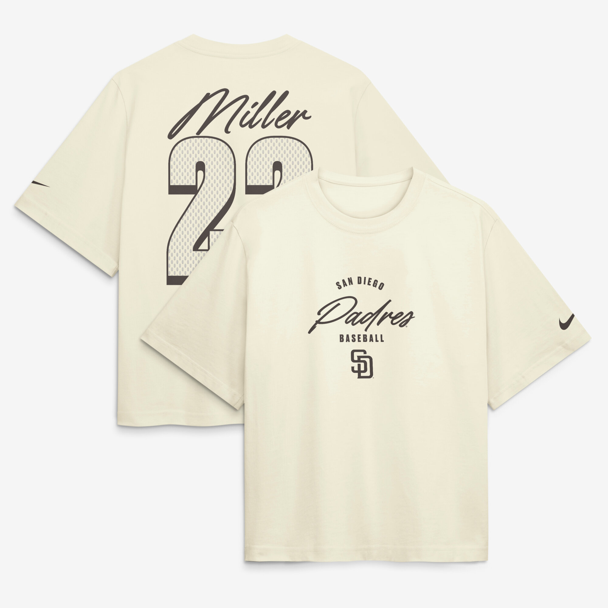Women's Nike Mason Miller Cream San Diego Padres Premium Essentials Boxy Name & Number T-Shirt