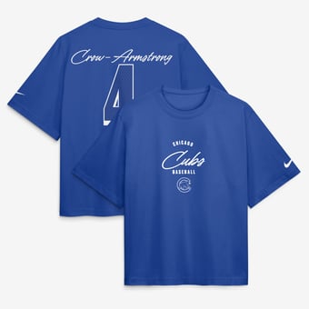 Women's Nike Pete Crow-Armstrong Royal Chicago Cubs Premium Essentials Boxy Name & Number T-Shirt