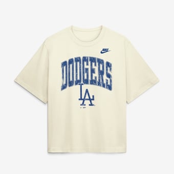 Women's Nike Cream Los Angeles Dodgers Arched Distressed Boxy T-Shirt
