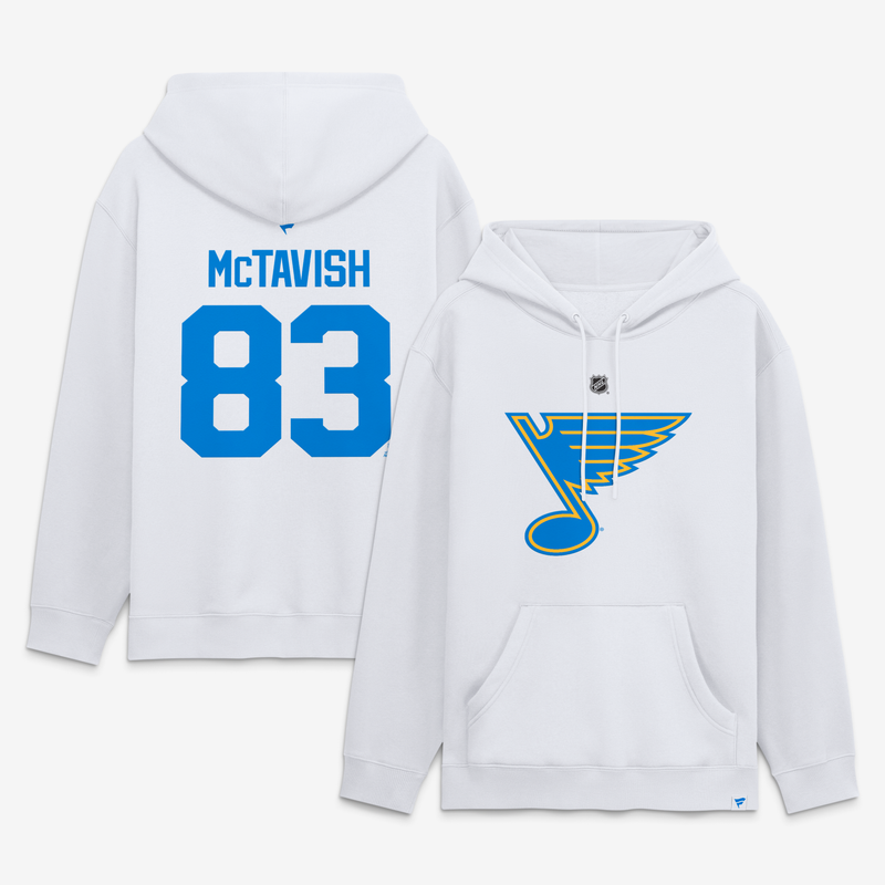 Men's Fanatics Mason McTavish White St. Louis Blues Authentic Stack Name & Number Hoodie