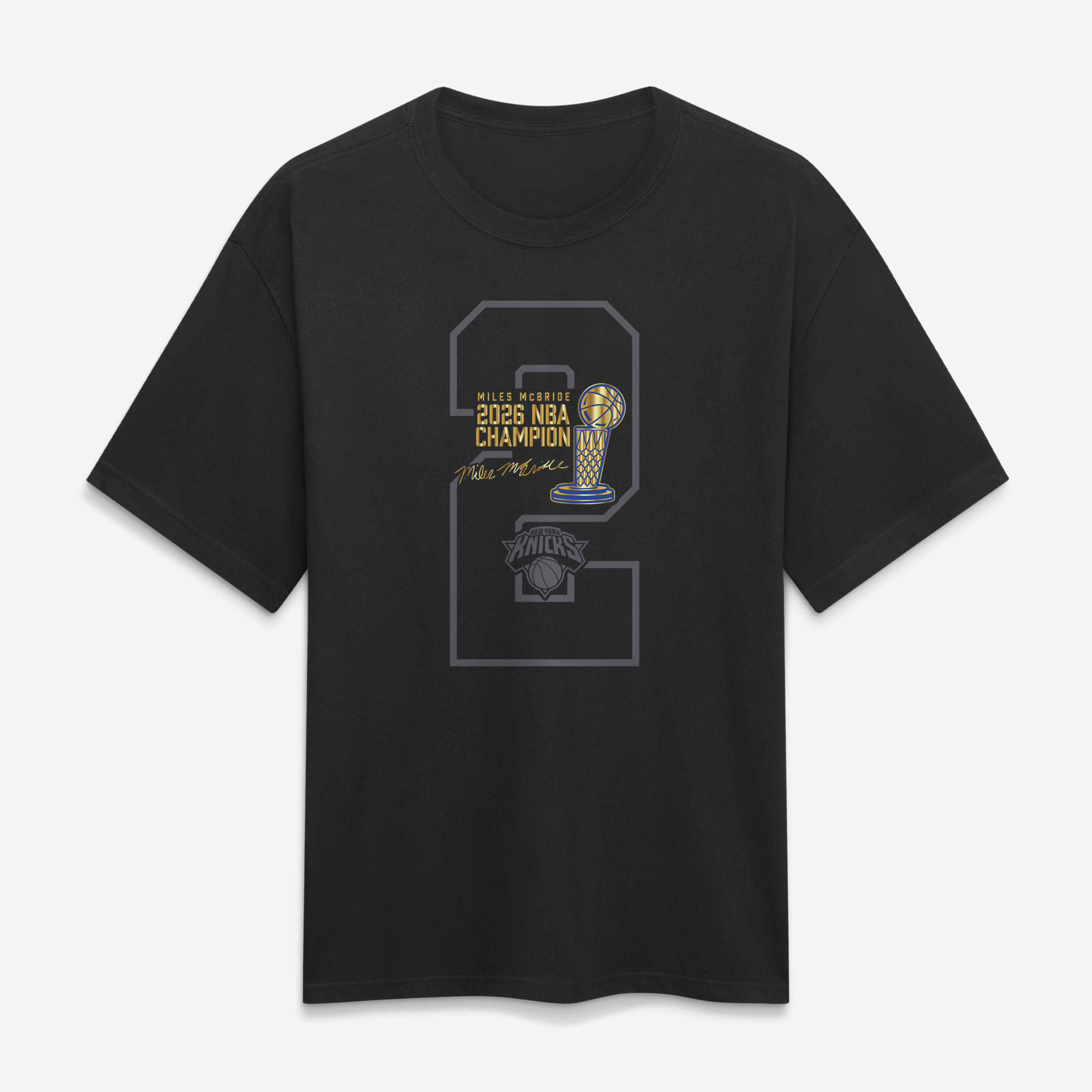 Men's Fanatics Miles McBride Black New York Knicks 2026 NBA Champions Trophy Collection Heavyweight T-Shirt