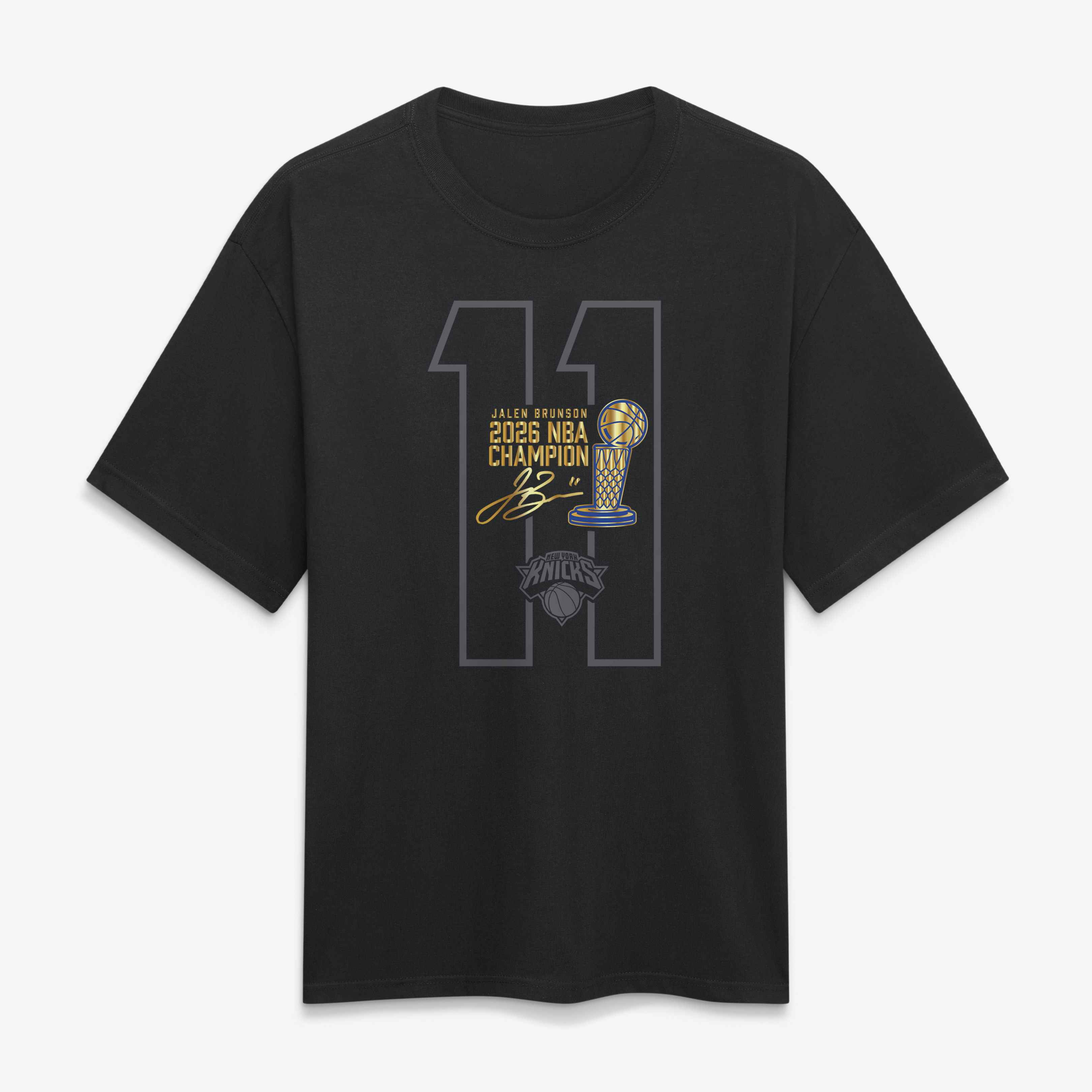 Men's Fanatics Jalen Brunson Black New York Knicks 2026 NBA Champions Trophy Collection Heavyweight T-Shirt