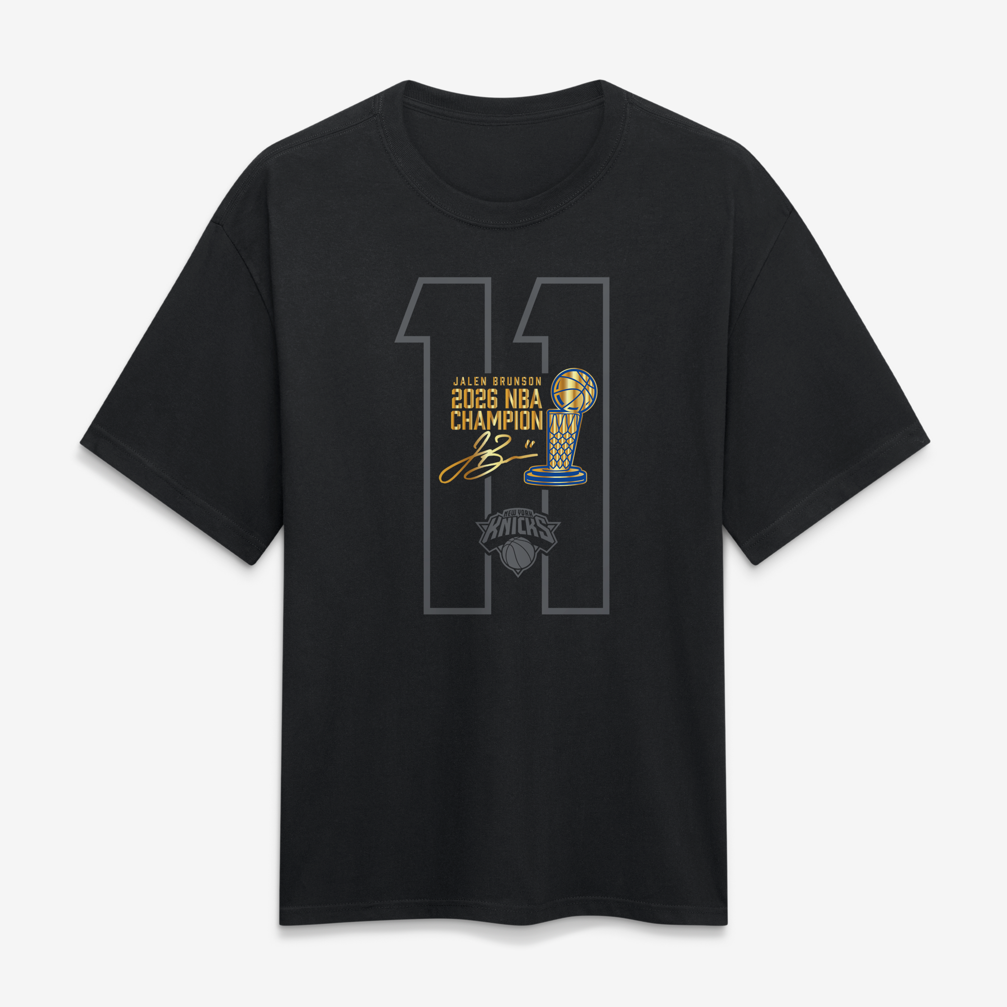 Men's Fanatics Jalen Brunson Black New York Knicks 2026 NBA Champions Trophy Collection Heavyweight T-Shirt
