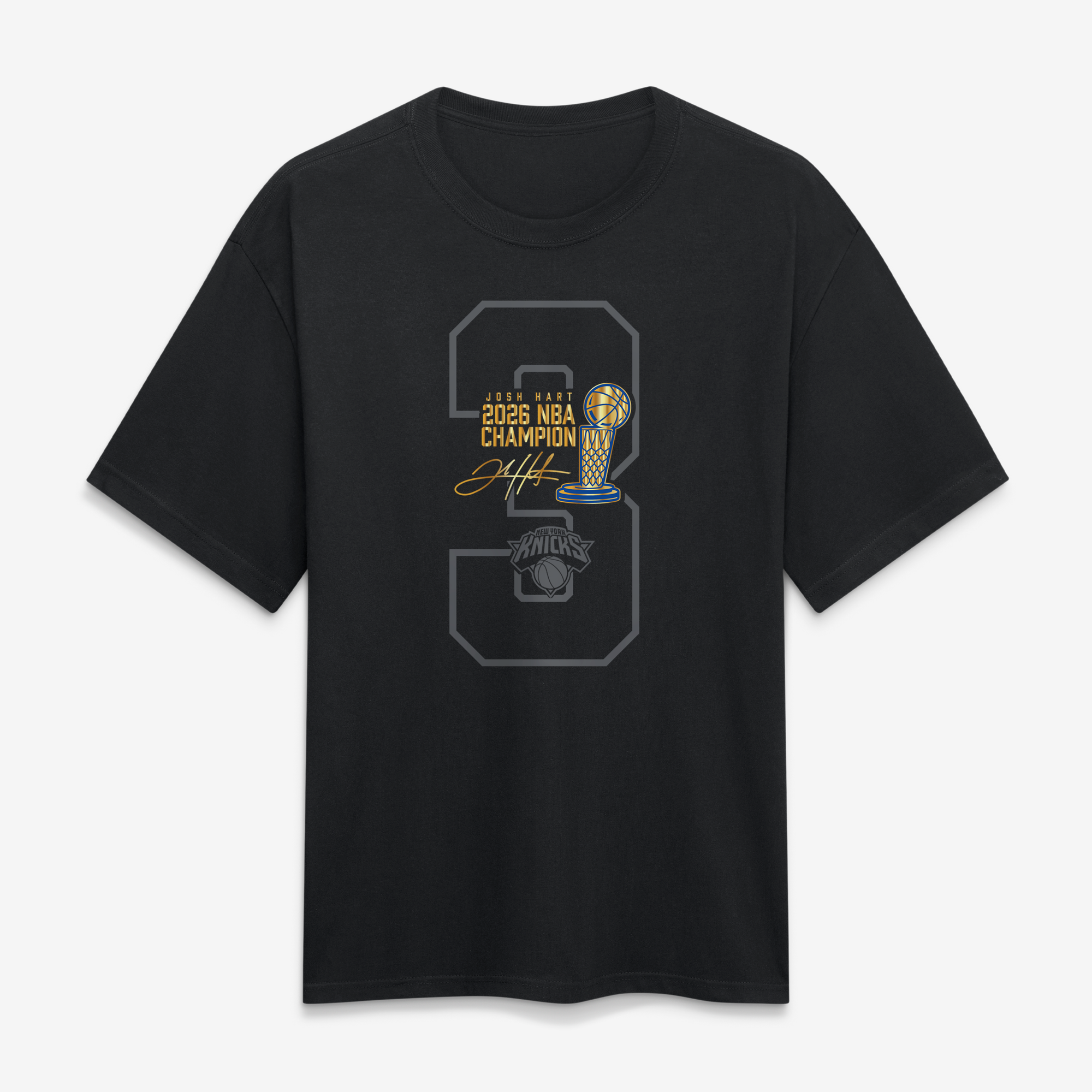 Men's Fanatics Josh Hart Black New York Knicks 2026 NBA Champions Trophy Collection Heavyweight T-Shirt