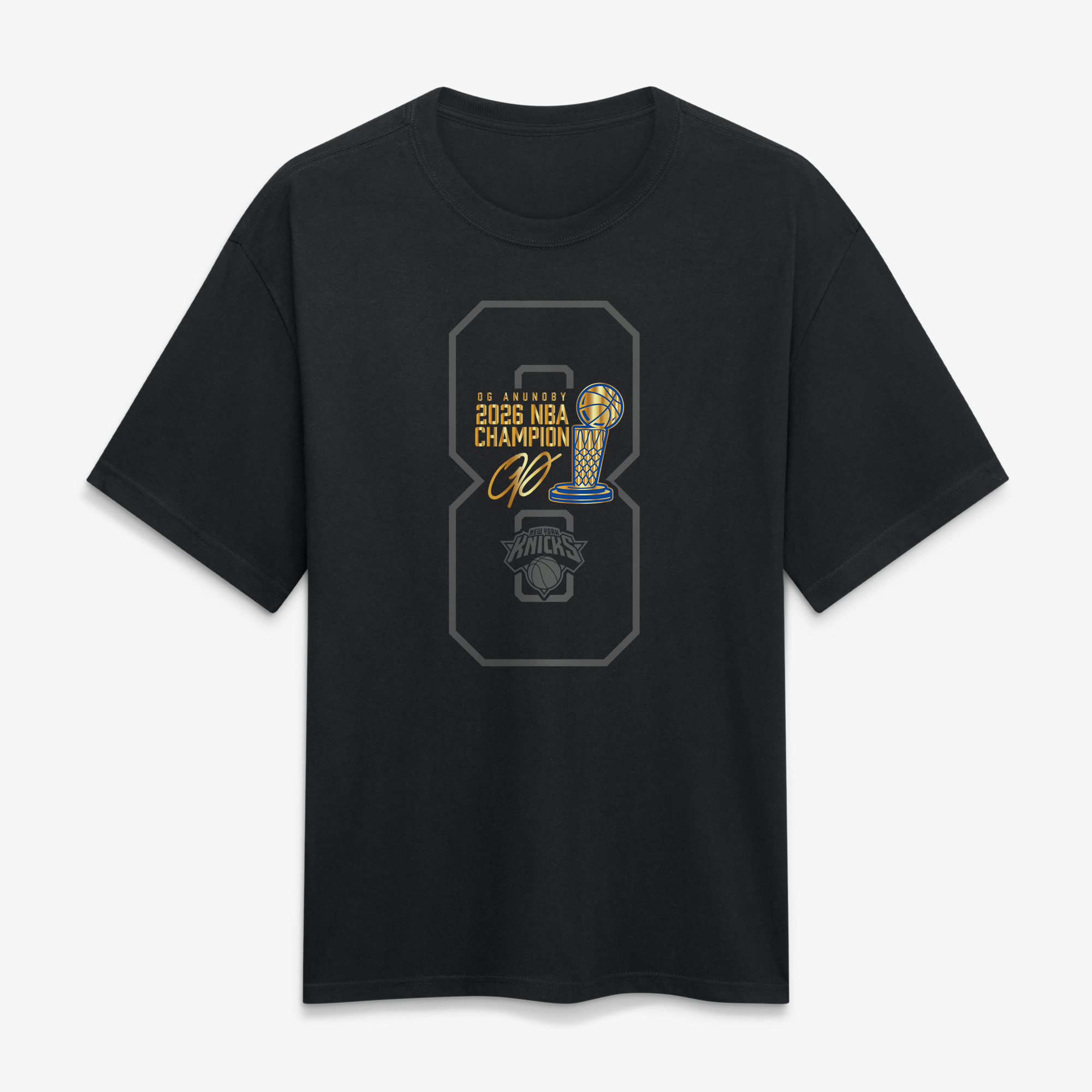 Men's Fanatics OG Anunoby Black New York Knicks 2026 NBA Champions Trophy Collection Heavyweight T-Shirt