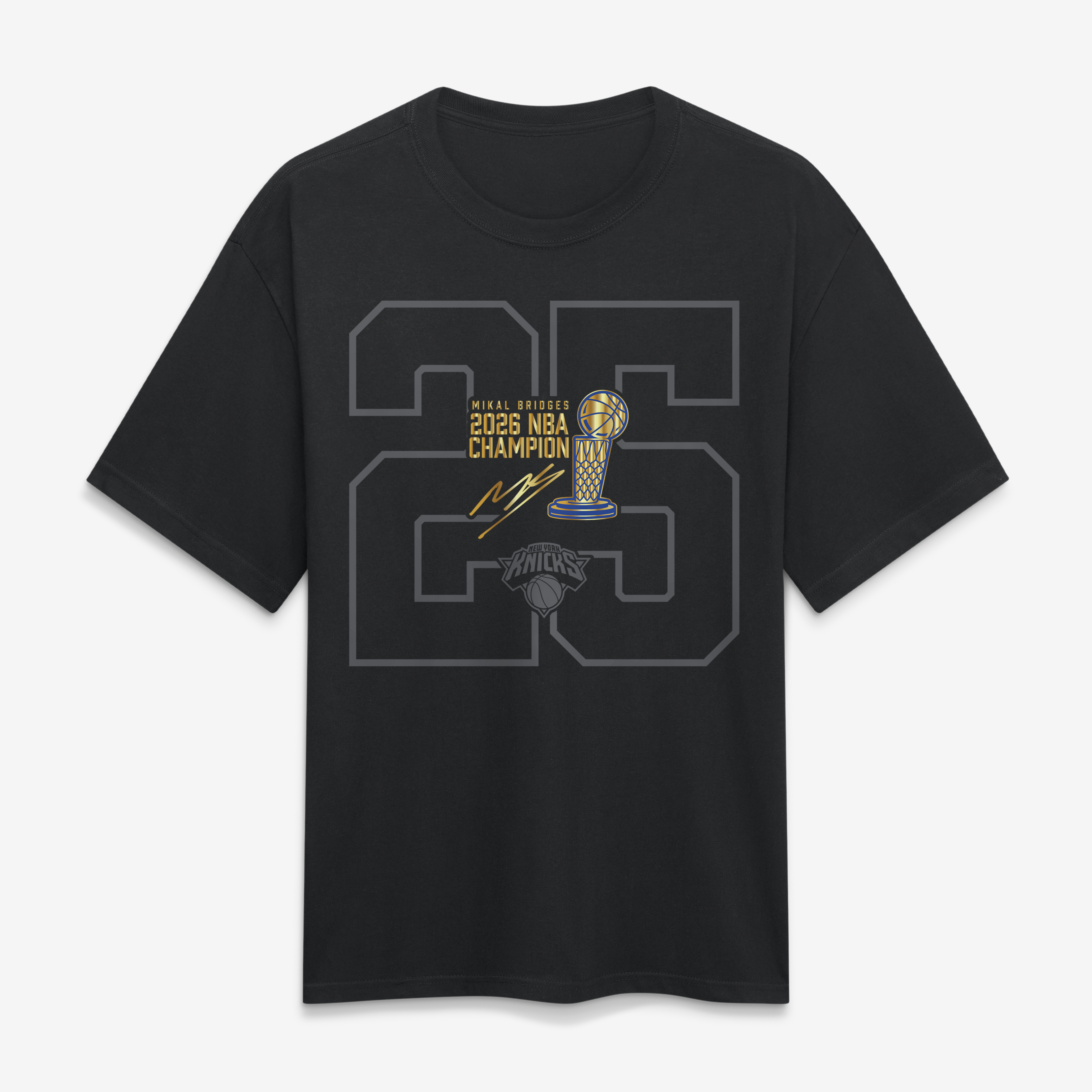 Men's Fanatics Mikal Bridges Black New York Knicks 2026 NBA Champions Trophy Collection Heavyweight T-Shirt