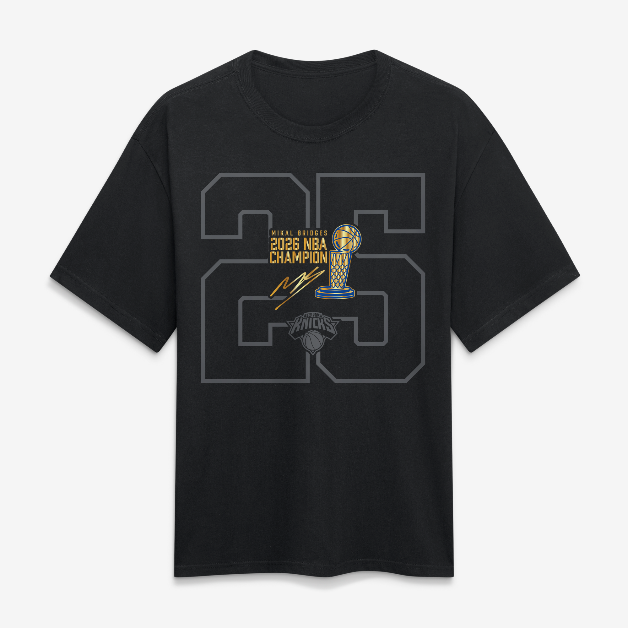 Men's Fanatics Mikal Bridges Black New York Knicks 2026 NBA Champions Trophy Collection Heavyweight T-Shirt