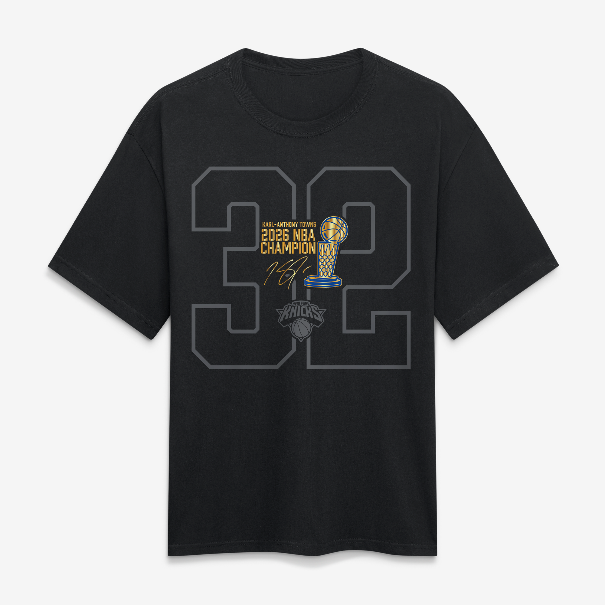 Men's Fanatics Karl-Anthony Towns Black New York Knicks 2026 NBA Champions Trophy Collection Heavyweight T-Shirt