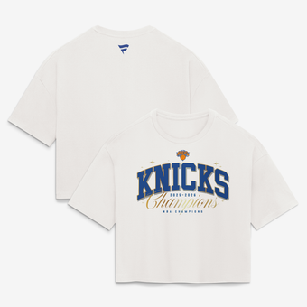 Women's Fanatics White New York Knicks 2026 NBA Finals Champions Banner Bound Crop T-Shirt