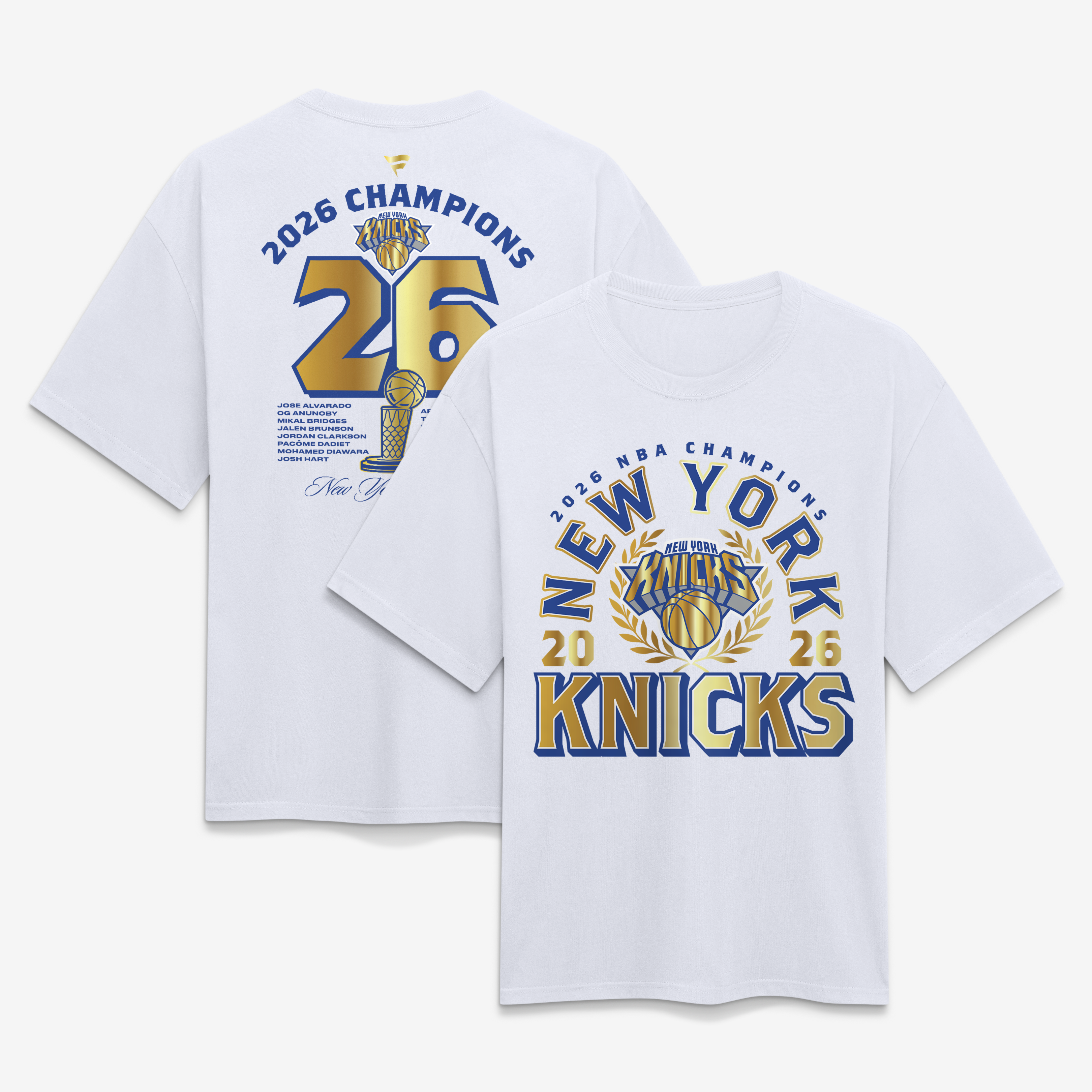 Men's Fanatics White New York Knicks 2026 NBA Finals Champions Banner Makers Heavyweight Roster T-Shirt