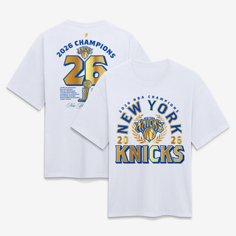 Men's Fanatics White New York Knicks 2026 NBA Finals Champions Banner Makers Heavyweight Roster T-Shirt