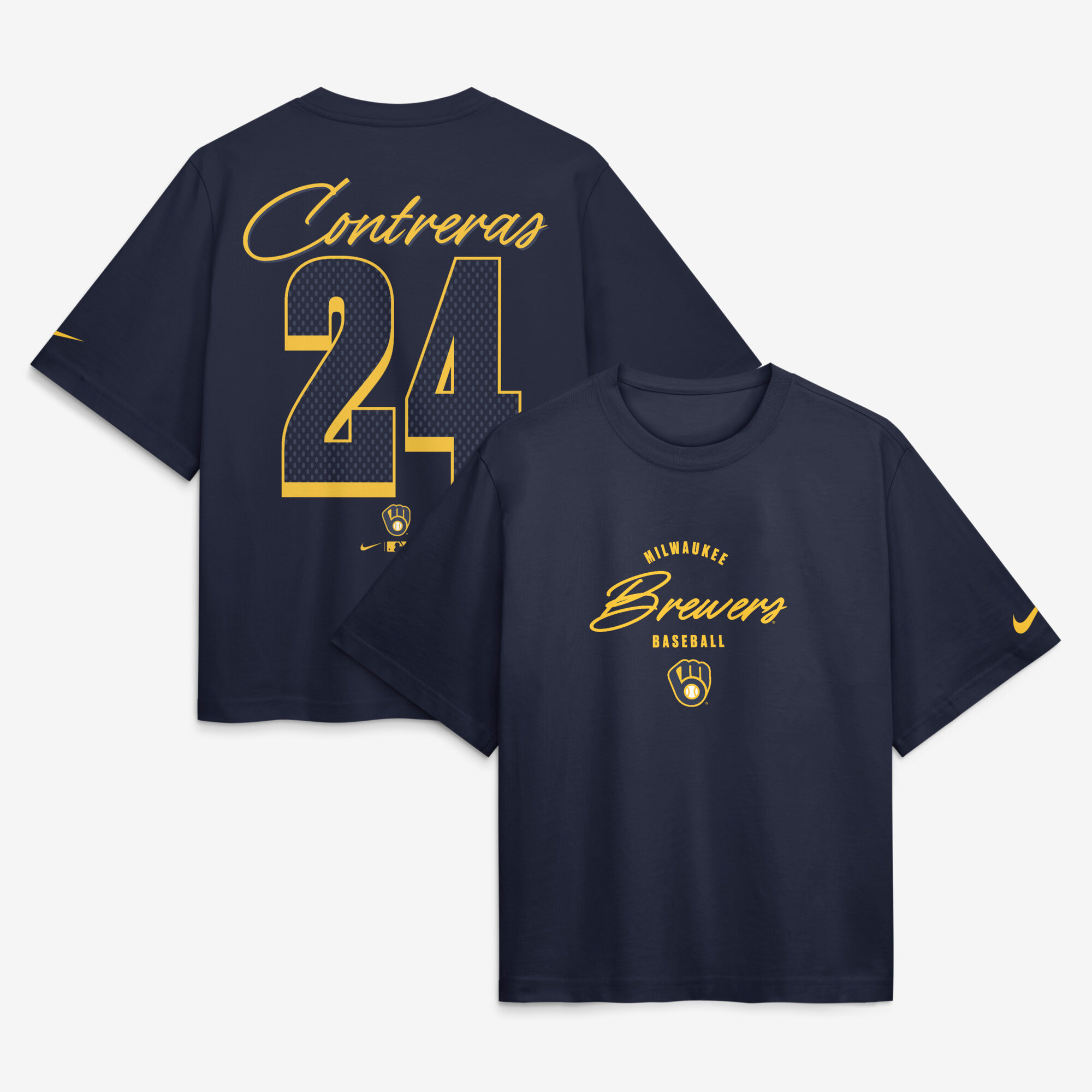 Women's Nike William Contreras Navy Milwaukee Brewers Premium Essentials Boxy Name & Number T-Shirt