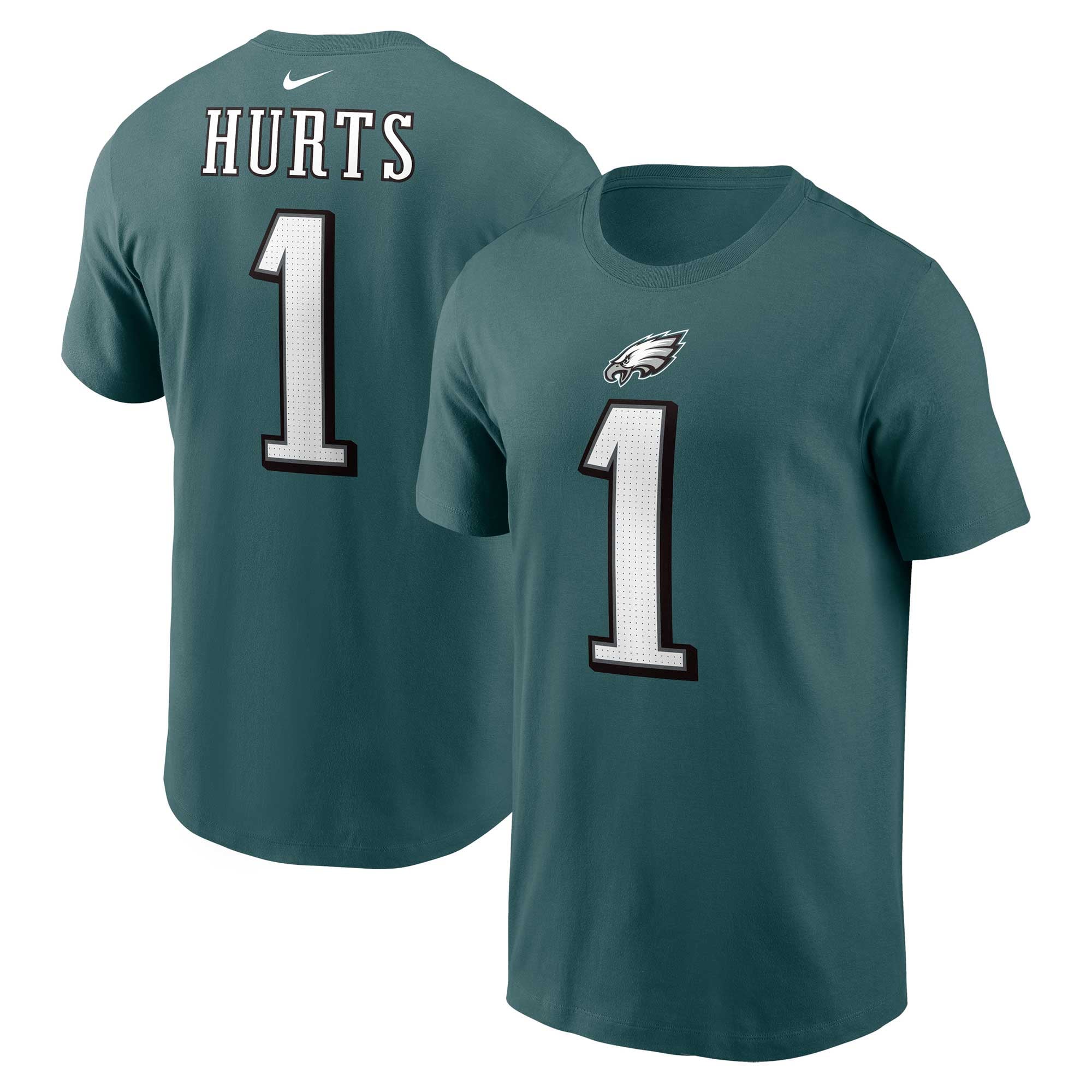 Camiseta Nike para hombre Jalen Hurts color verde medianoche de los Philadelphia Eagles con nombre y número.