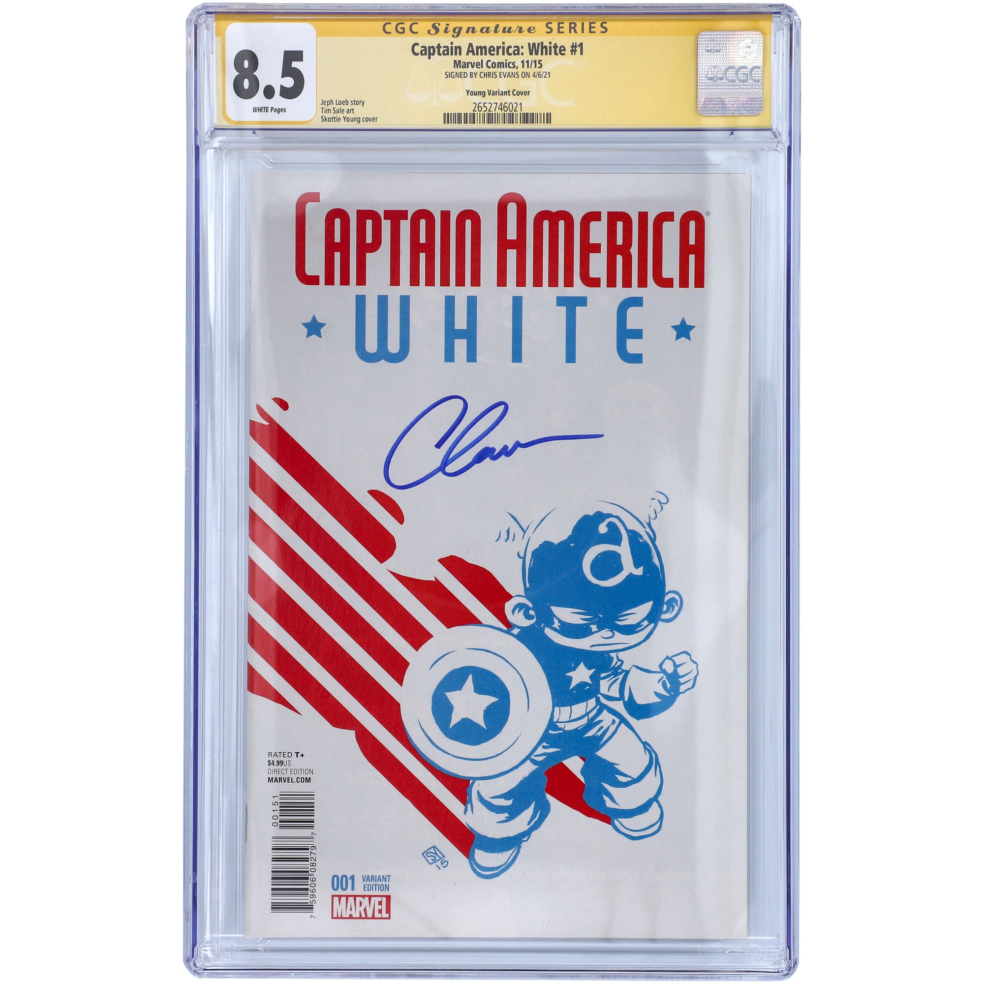 Chris Evans Captain America Autographed Captain America: White #1 Young Variant Cover Comic Book - CGC Graded 8.5