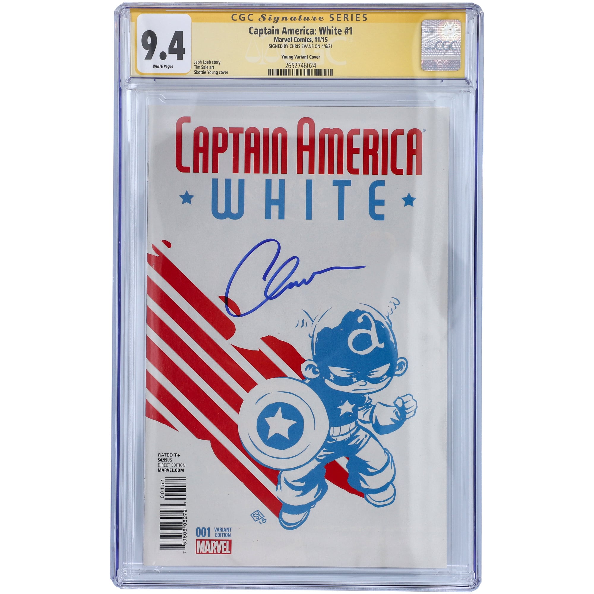Chris Evans Captain America Autographed Captain America: White #1 Young Variant Cover Comic Book - CGC Graded 9.4